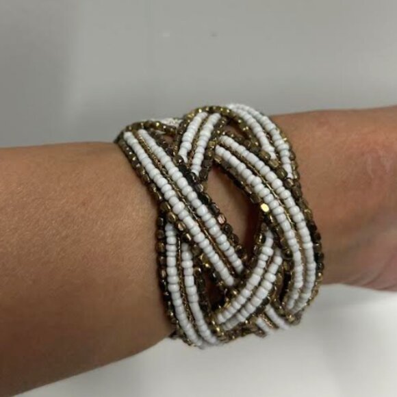 Anthropologie White & Gold Beaded Multi-Strand Bangle Bracelet - Picture 2 of 4